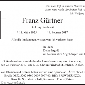 Architekt Franz Gürtner Todesanzeige 